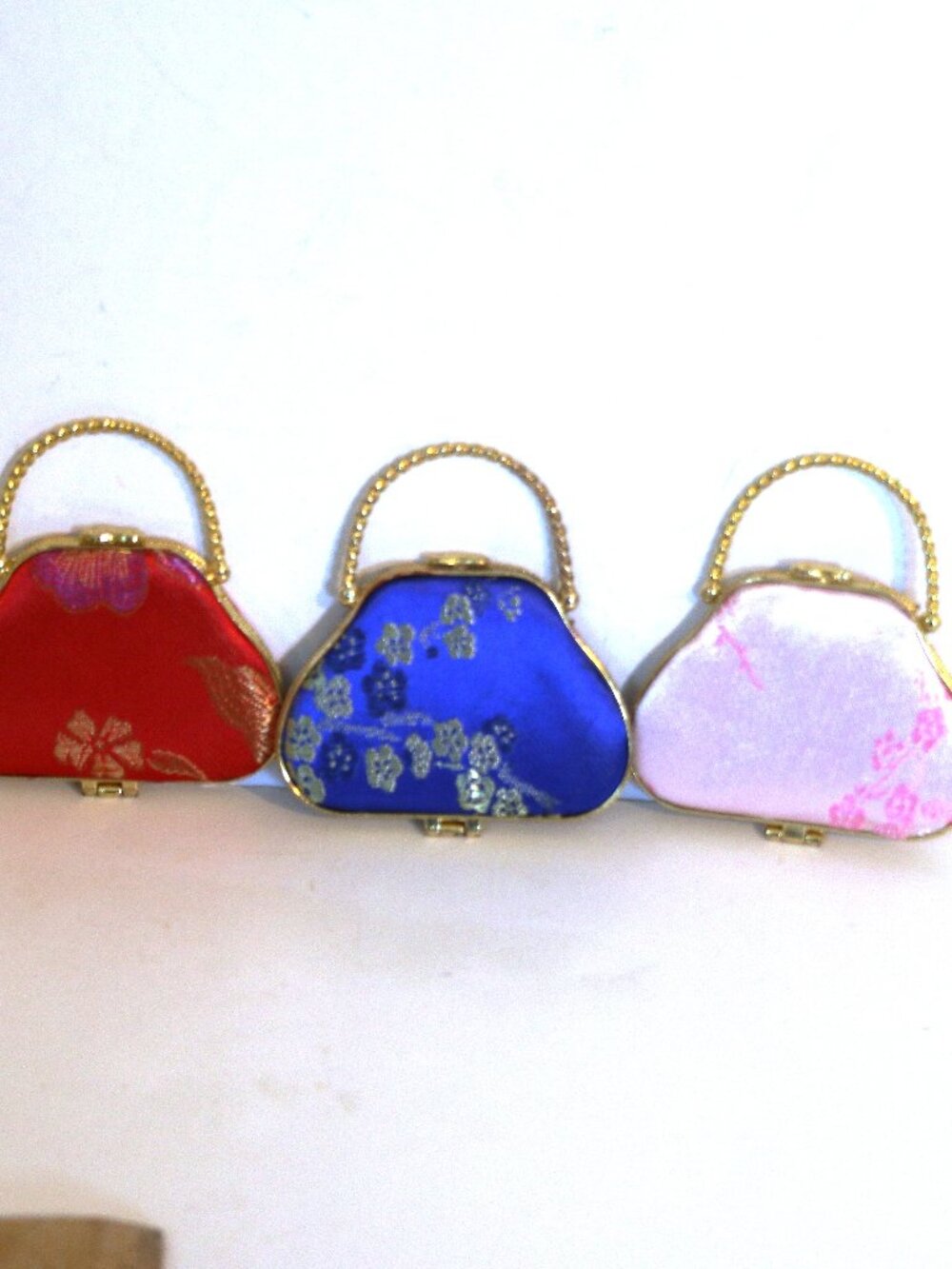 3 Asian Fabric, Purse Shaped, Mirror Travel Compacts